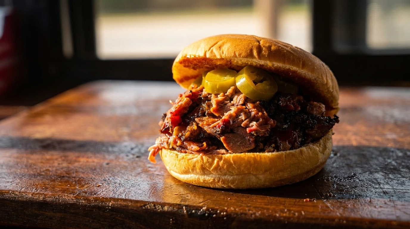 A pulled pork sandwich topped with sliced jalapeños on a wooden surface.