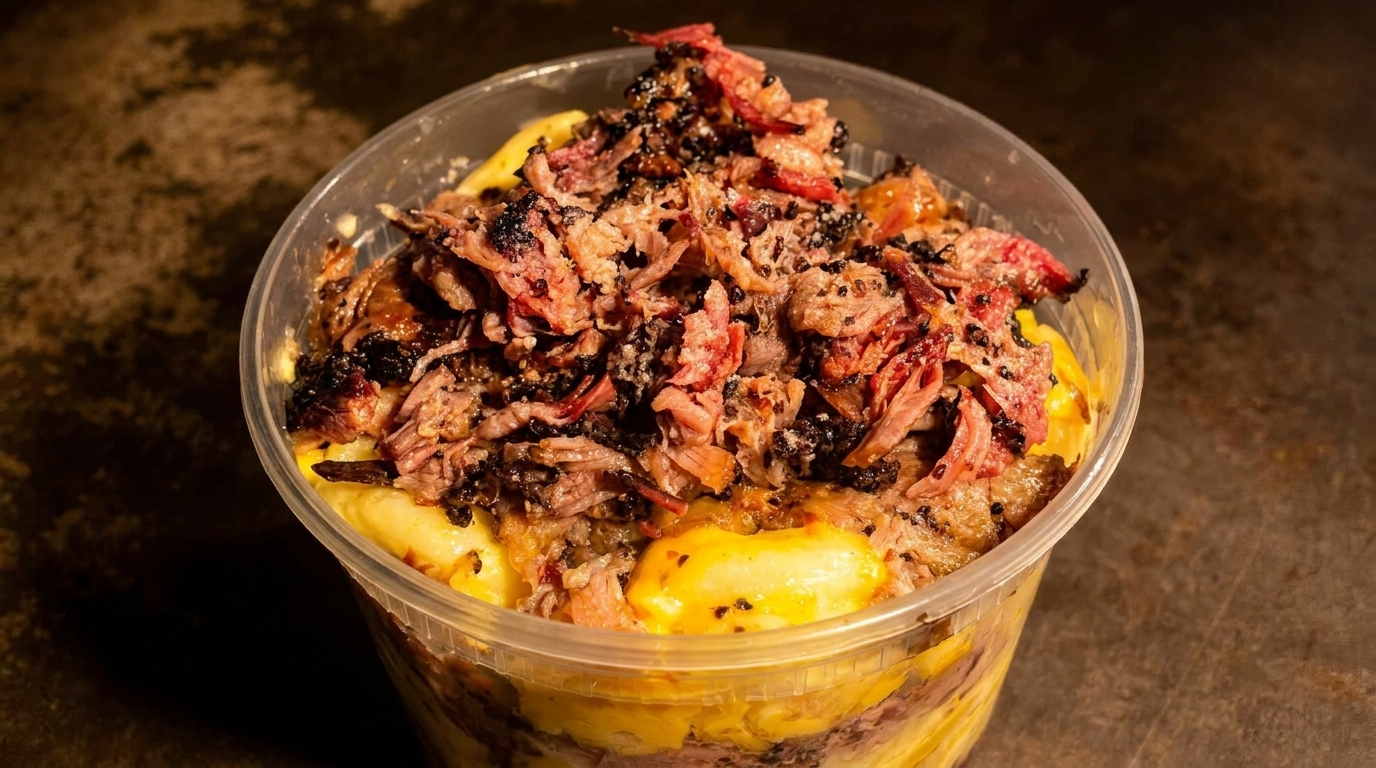 Close-up of a clear plastic container filled with mac and cheese topped with shredded brisket.