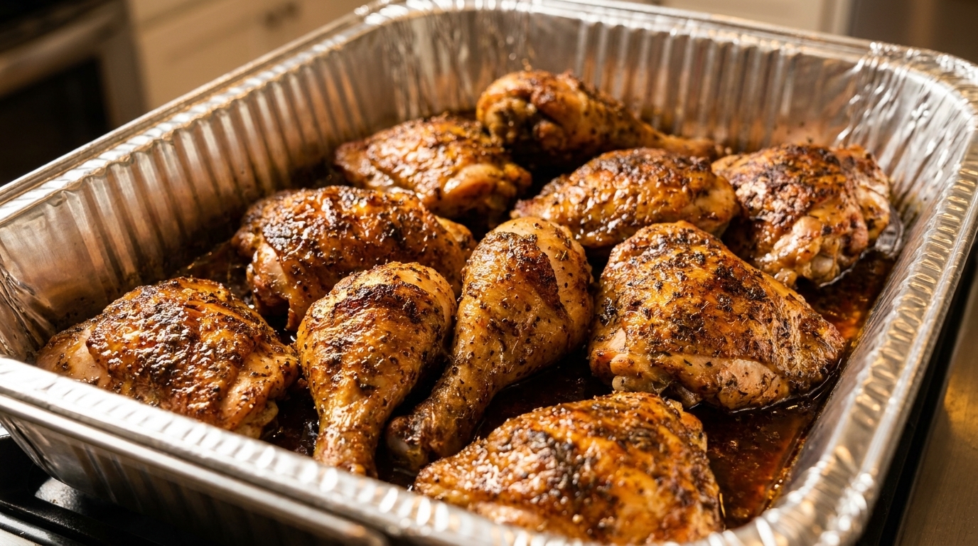 Close-up of golden-brown roasted chicken pieces, including drumsticks and thighs, in a foil pan.