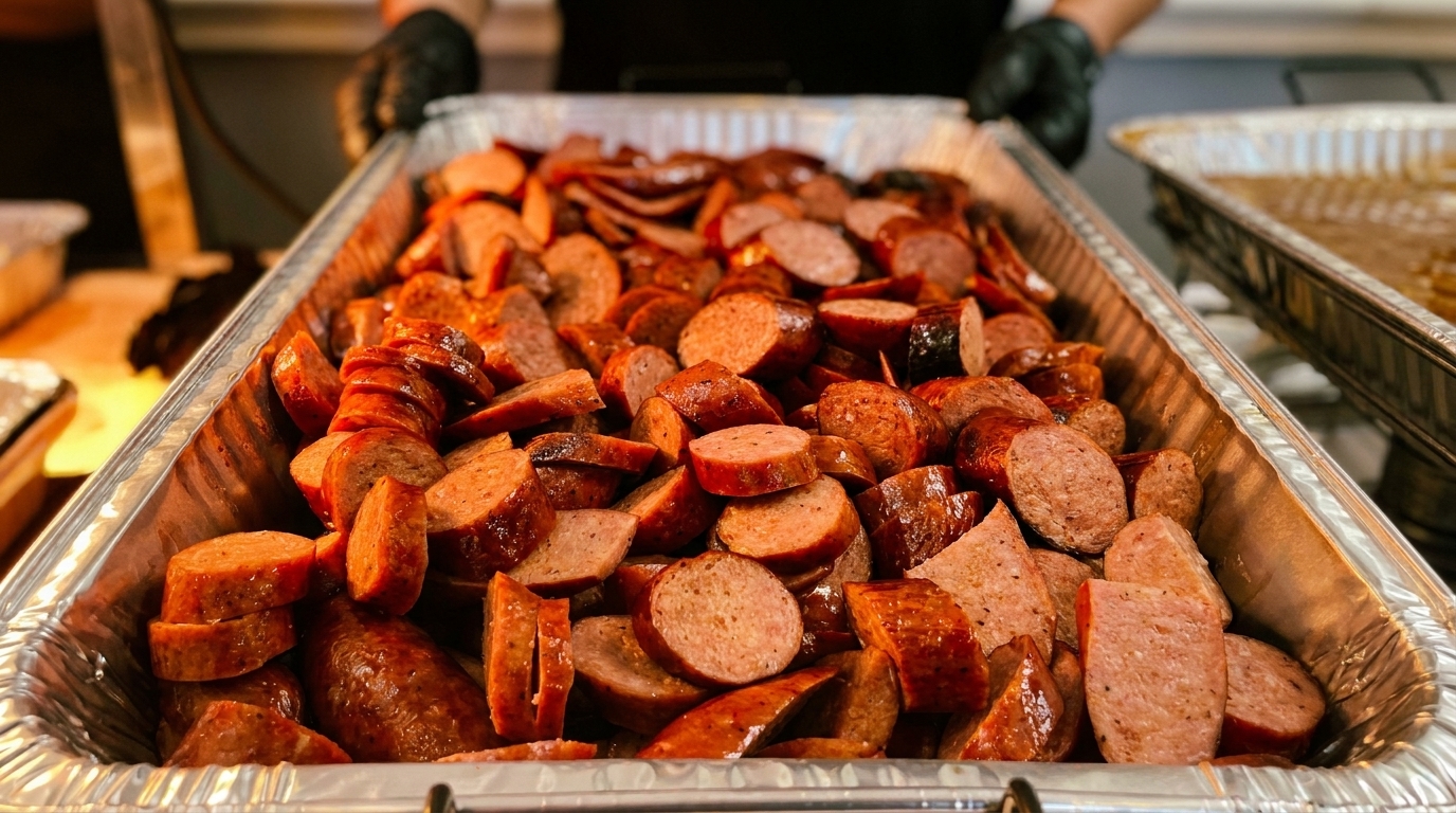 Close-up of a large foil tray filled with sliced, grilled sausage pieces, ready for serving.