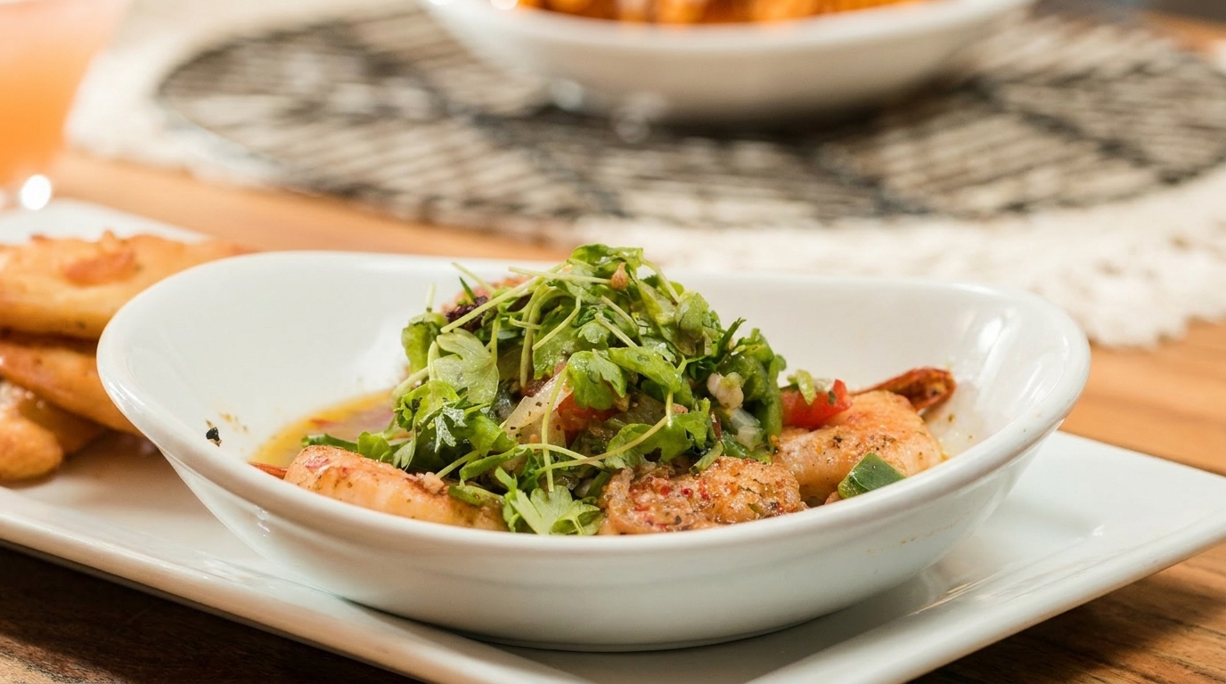 Shrimp scampi with fresh herbs and tomatoes in a white bowl on a wooden table.