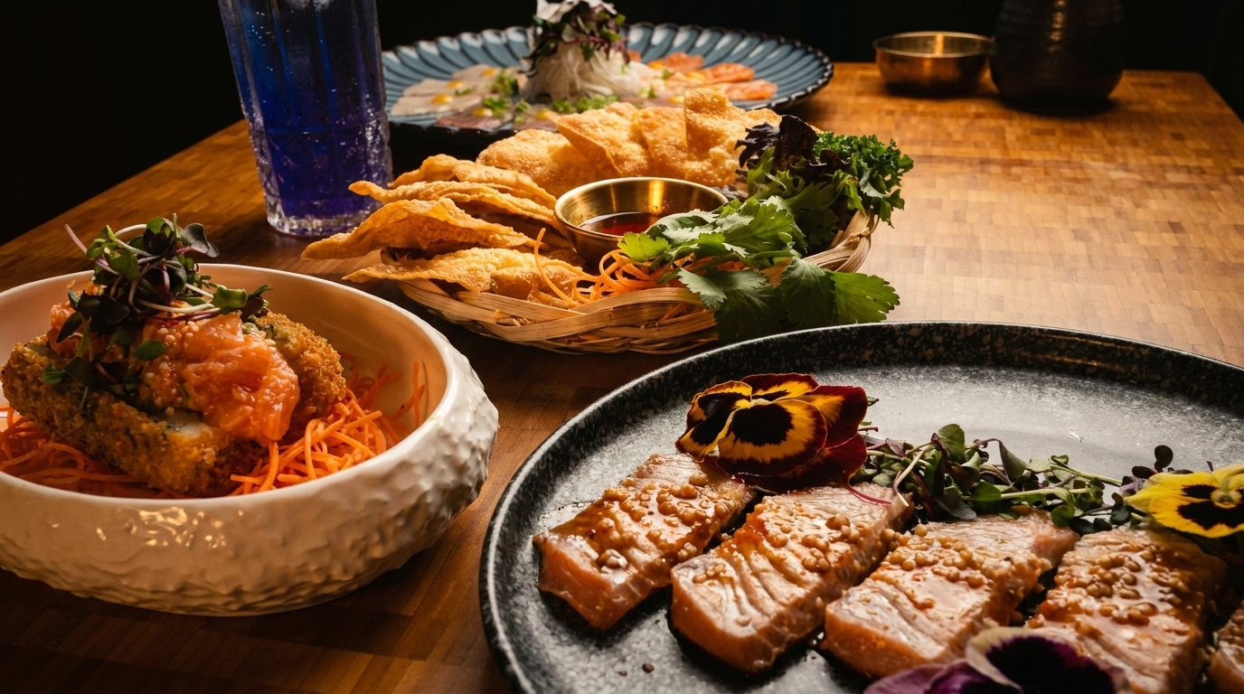 A table laden with various Asian dishes, including salmon, fried wontons, and a blue drink.