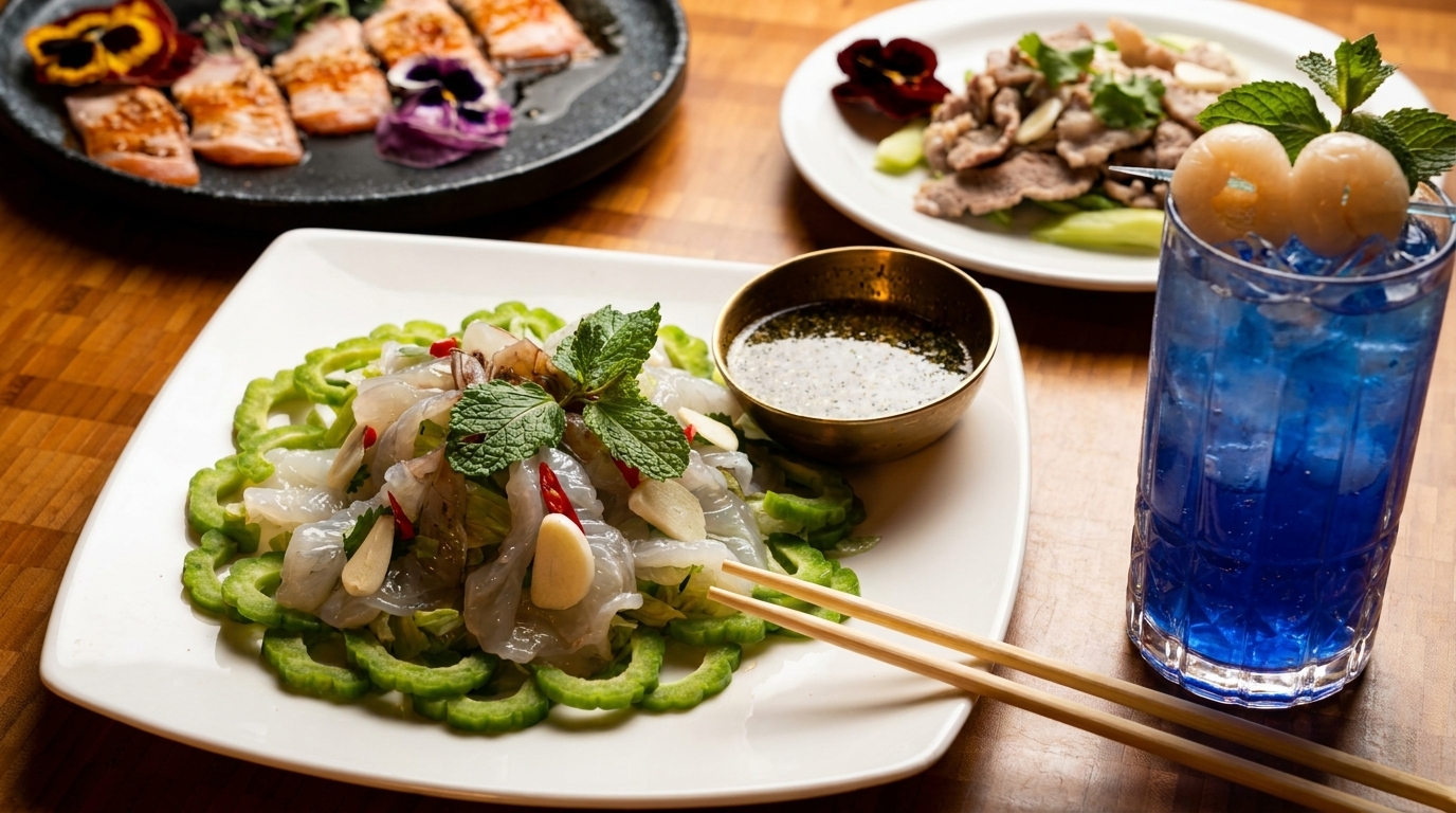 A vibrant spread of Thai dishes, including a shrimp salad, grilled salmon, beef, and a blue cocktail.