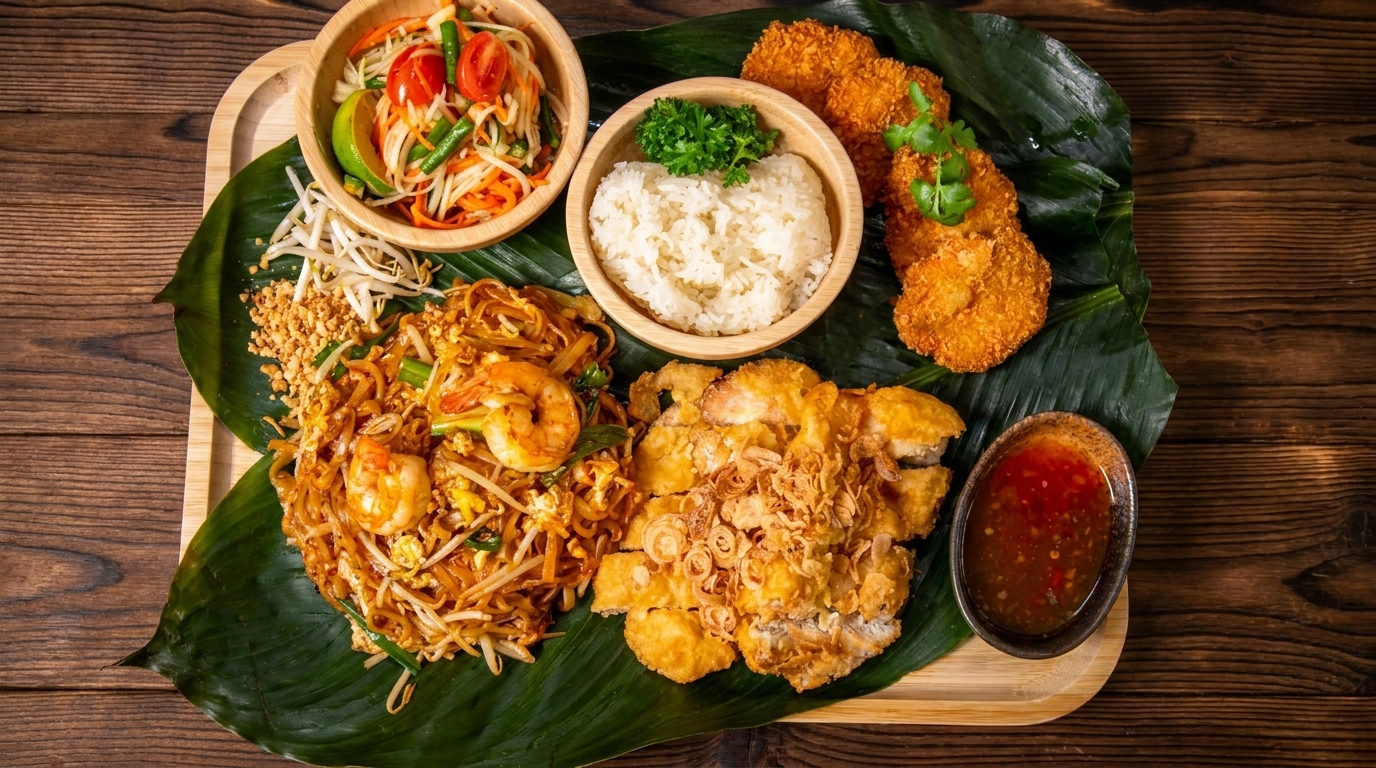 A wooden tray with various Thai dishes including Pad Thai, papaya salad, rice, and fried chicken.