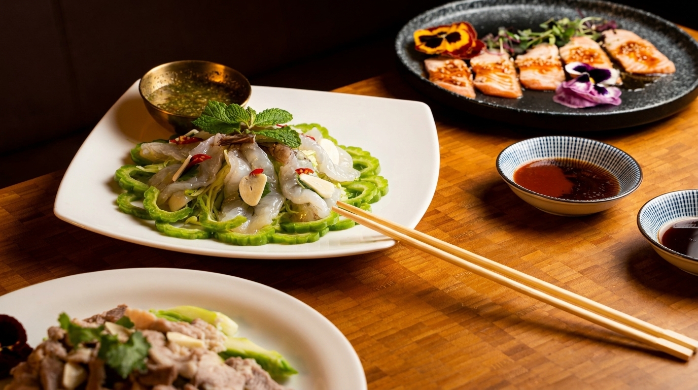 A table spread with various Asian dishes, including shrimp, salmon, and pork, with chopsticks and dipping sauces.