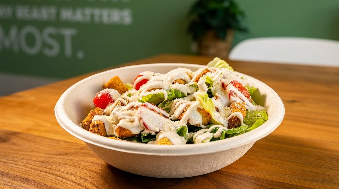 A fresh salad with lettuce, cherry tomatoes, croutons, and white dressing in a bowl.