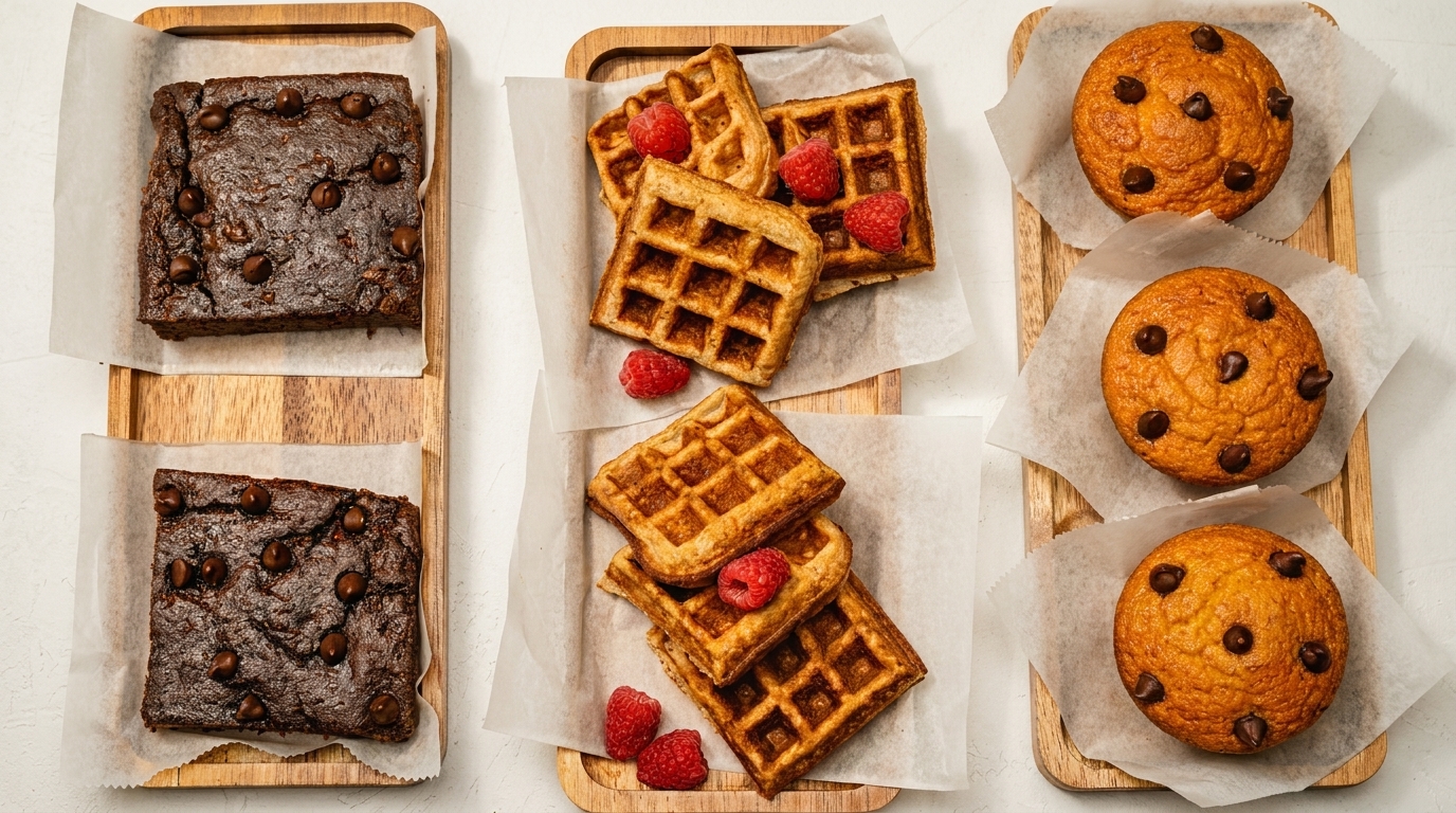 Three wooden trays with brownies, waffles with raspberries, and muffins with chocolate chips.