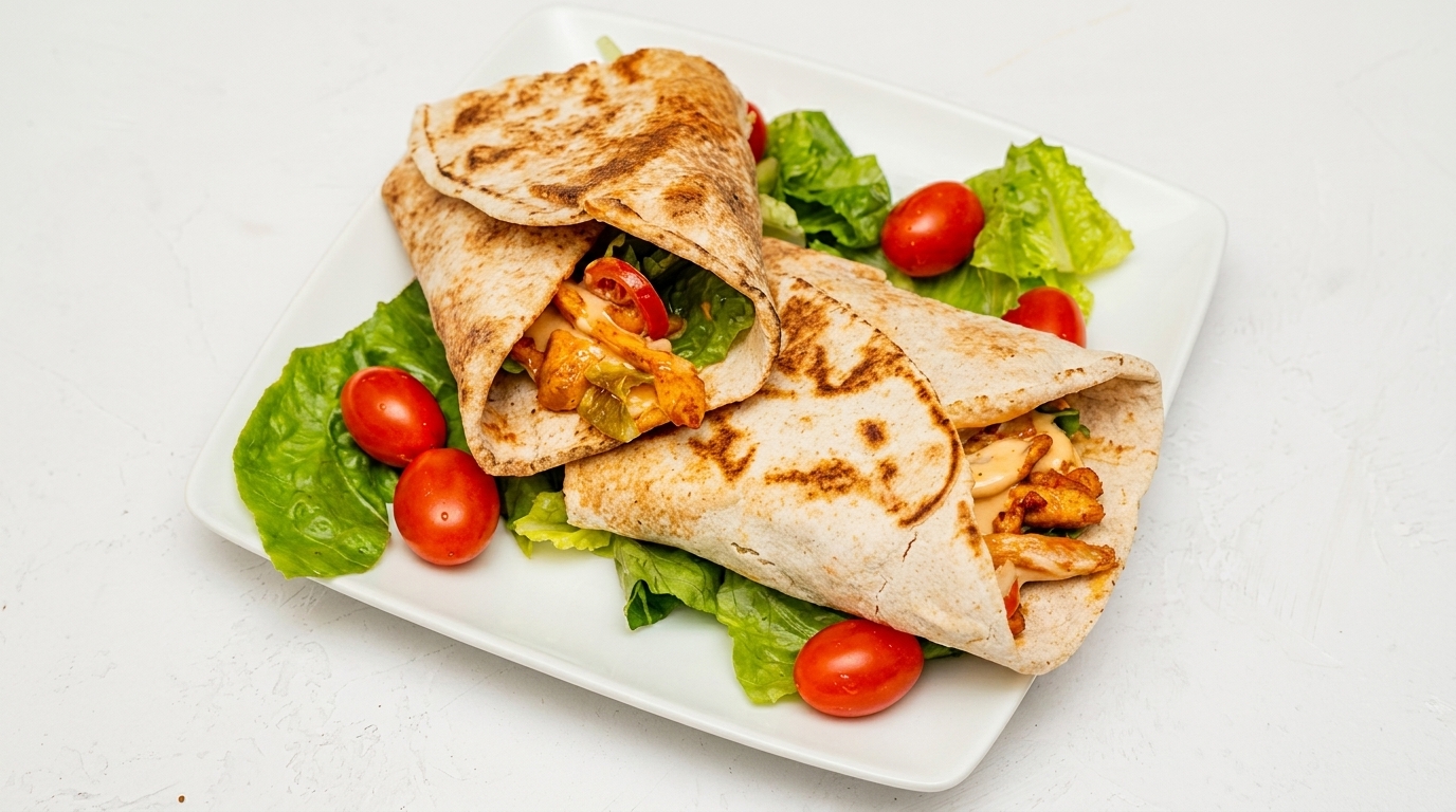 Two chicken wraps with lettuce and cherry tomatoes on a white rectangular plate.