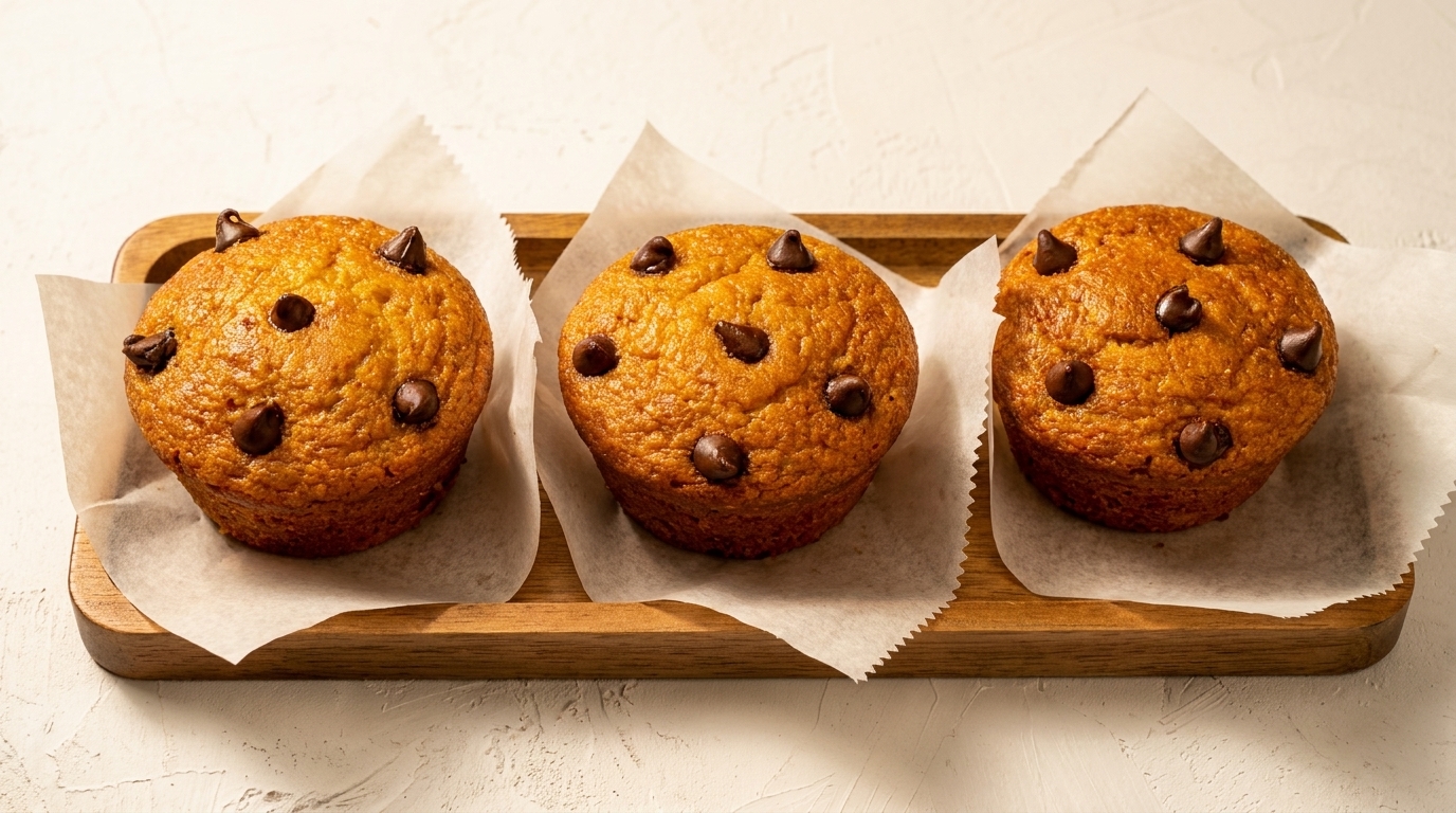 Three golden-brown chocolate chip muffins in white paper liners on a wooden tray.