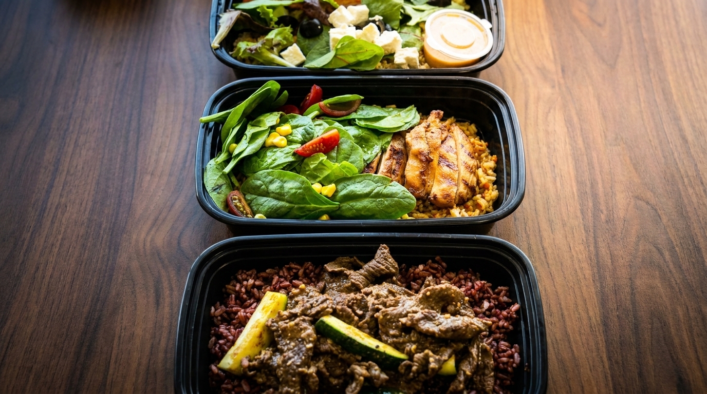 Three meal prep containers with salads, grilled chicken, beef, and rice on a wooden table.