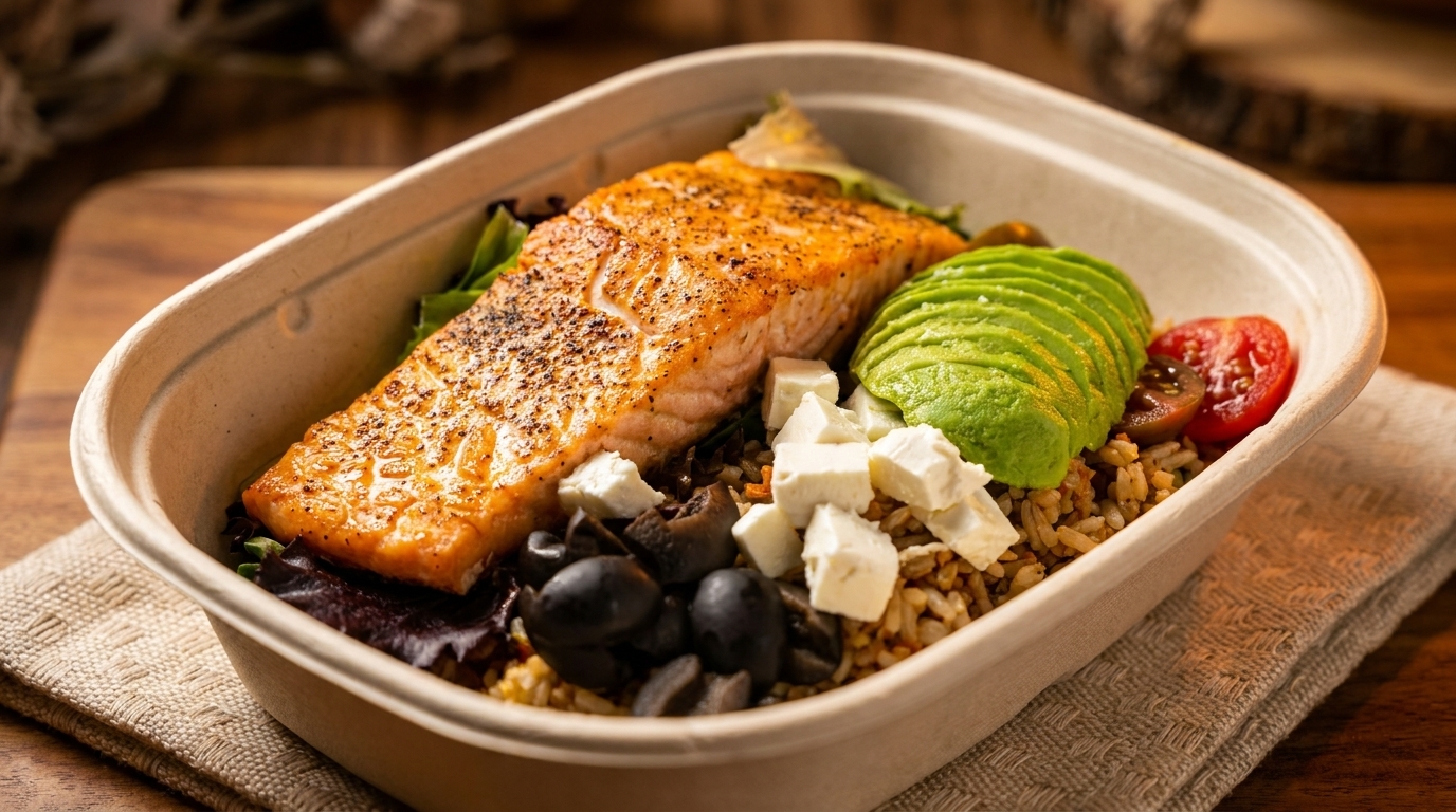 Salmon bowl with avocado, feta, olives, tomatoes, and rice in a compostable container.