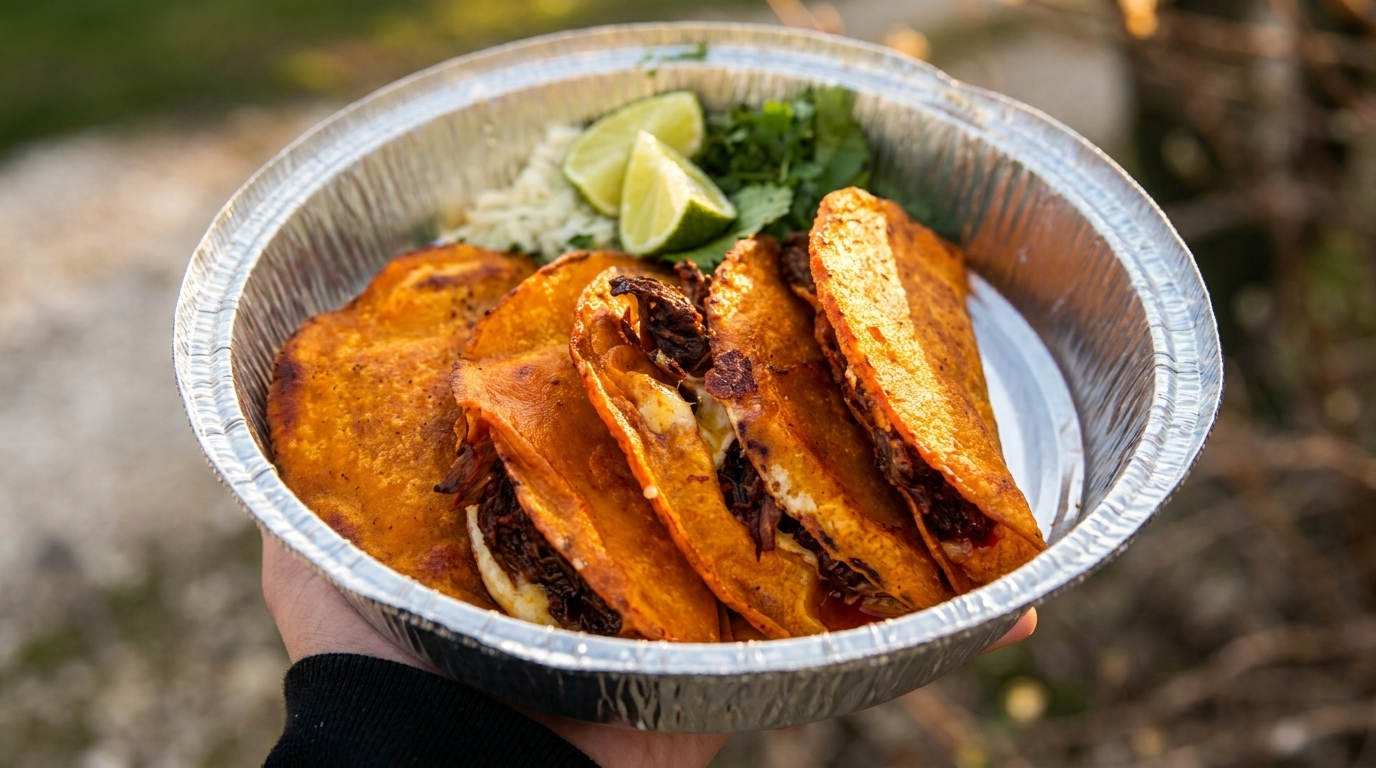 Hand holding a foil container of birria tacos with lime wedges, cilantro, and rice.