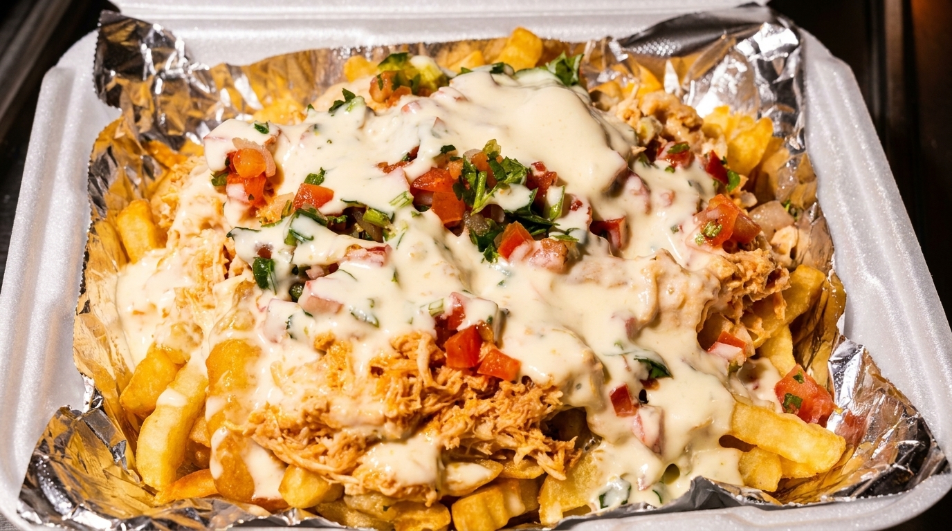 Loaded fries with shredded chicken, melted cheese, and pico de gallo in a takeout container.