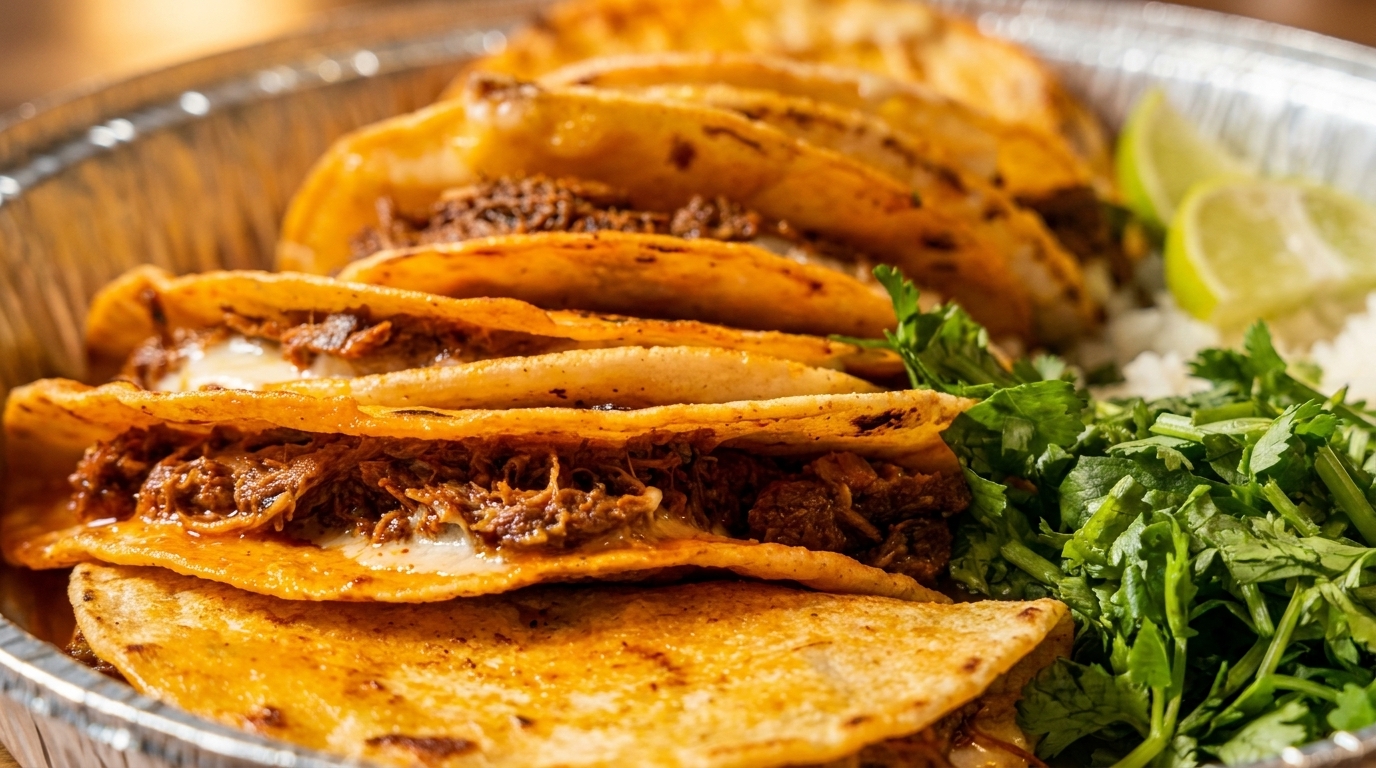 Birria tacos with melted cheese, cilantro, and lime wedges in a foil container.