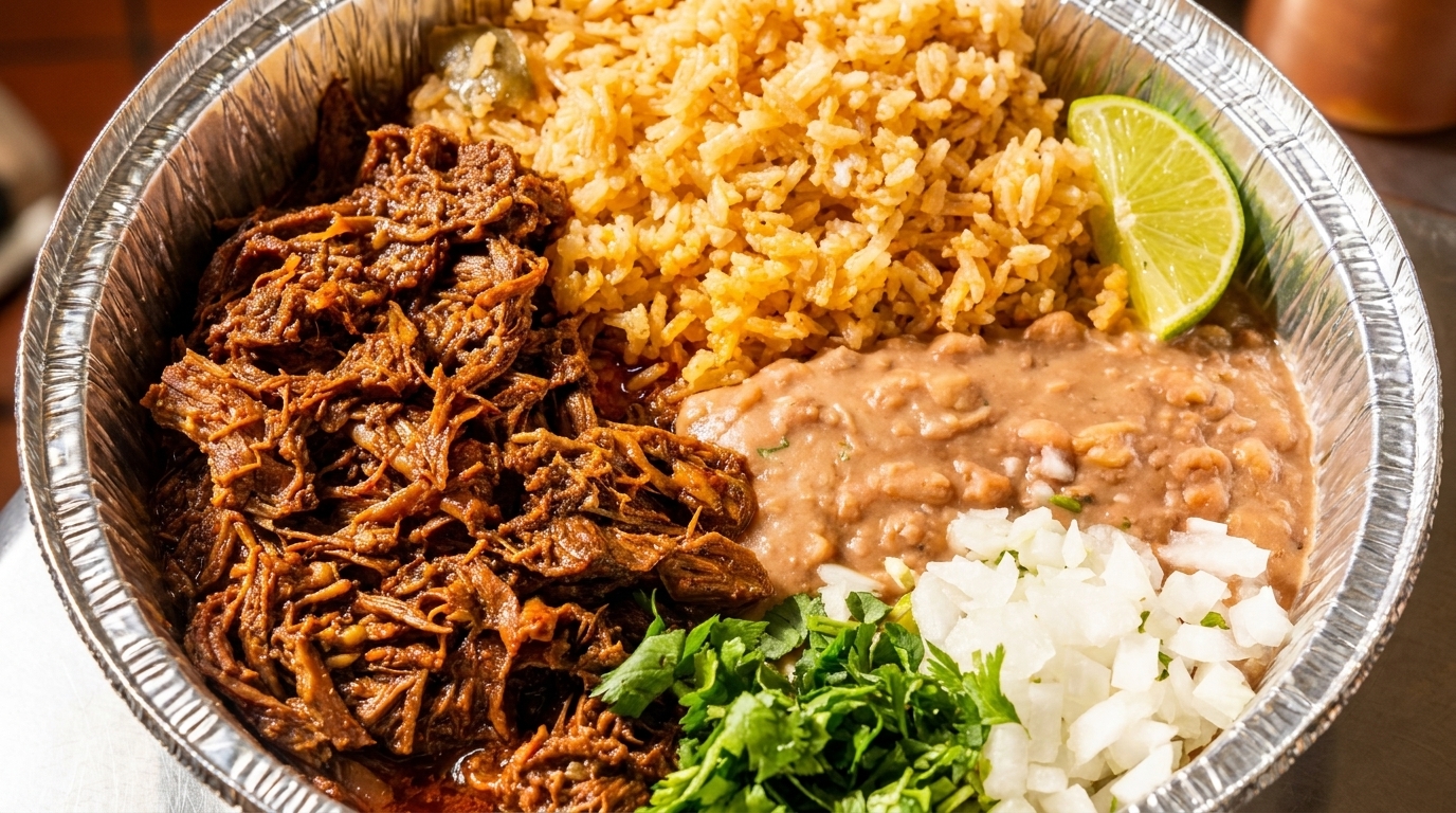 Shredded beef, rice, refried beans, cilantro, diced onions, and a lime wedge in a foil container.