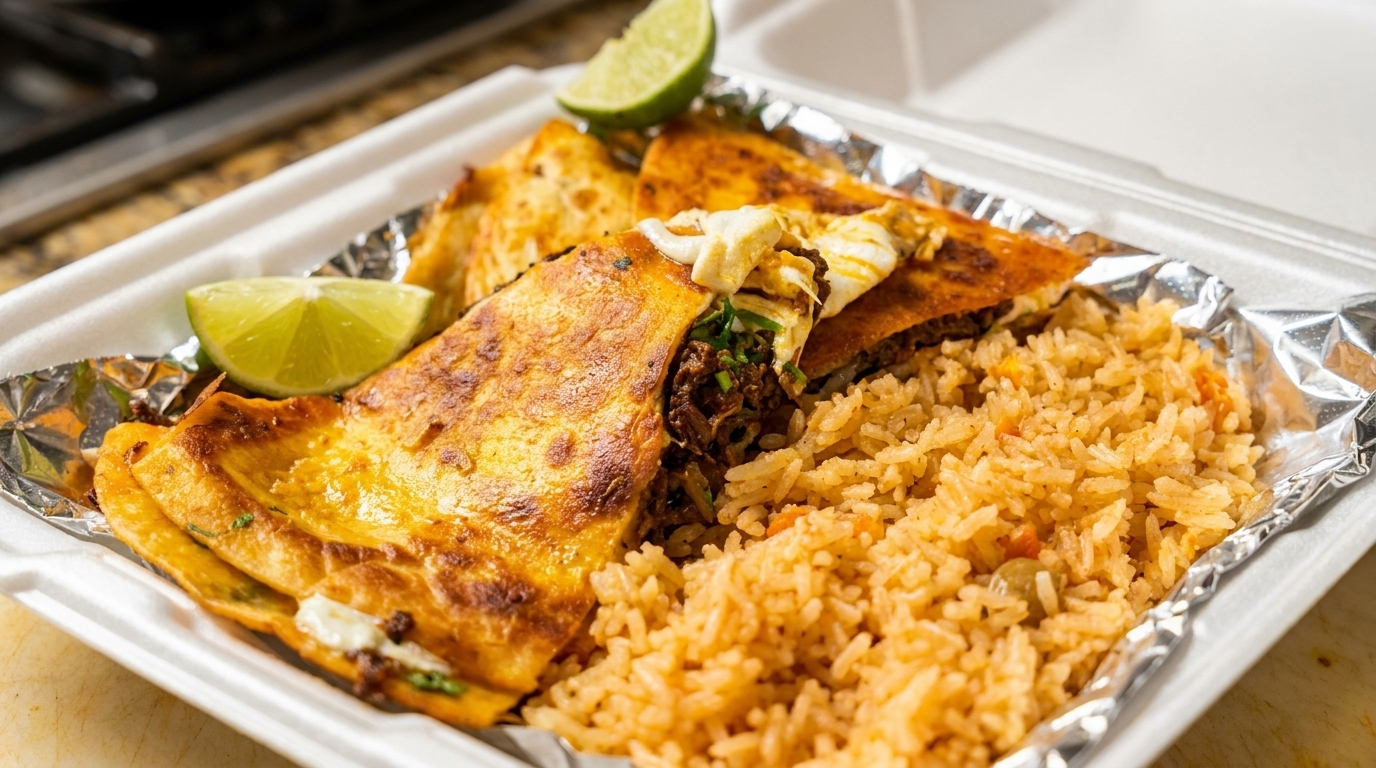 Three cheesy birria quesadillas with rice and lime wedges in a white takeout container.