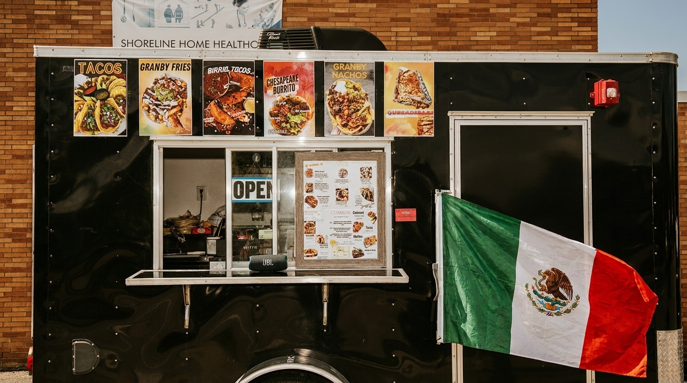 Black food truck with a Mexican flag, menu, and posters of tacos, fries, burritos, and nachos.