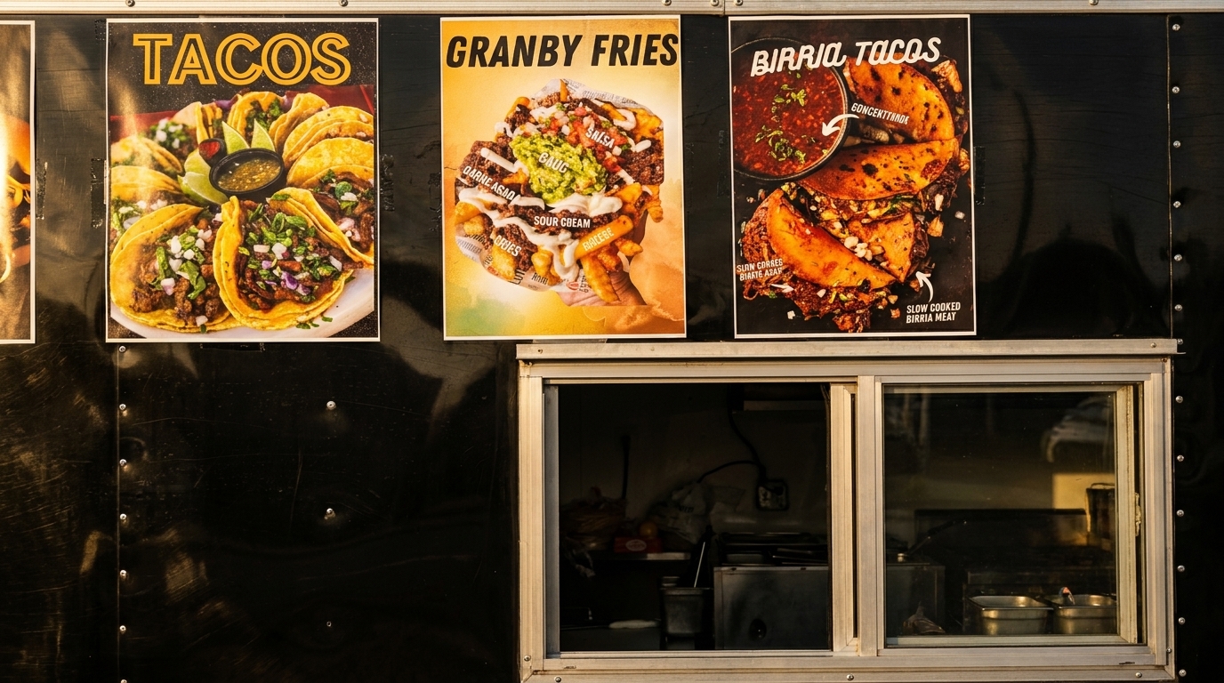 Food truck menu posters display tacos, Granby fries, and birria tacos above a service window.