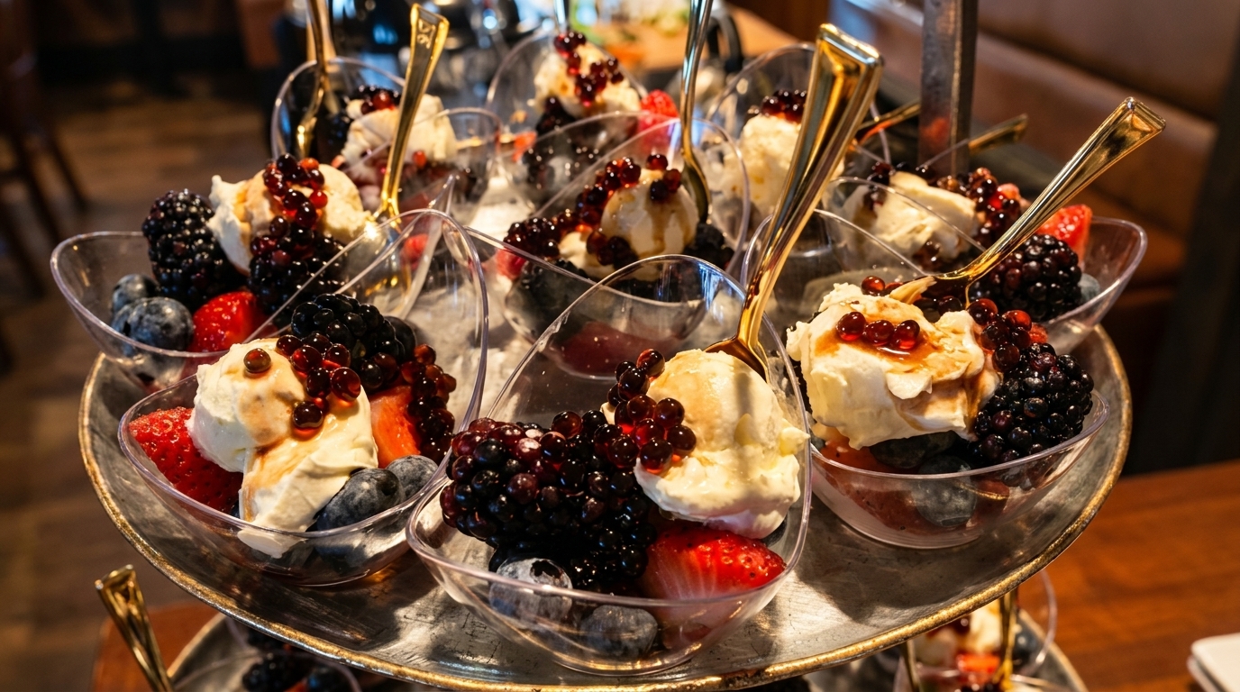 Mini desserts with ice cream, berries, and boba pearls in clear cups on a tiered stand.