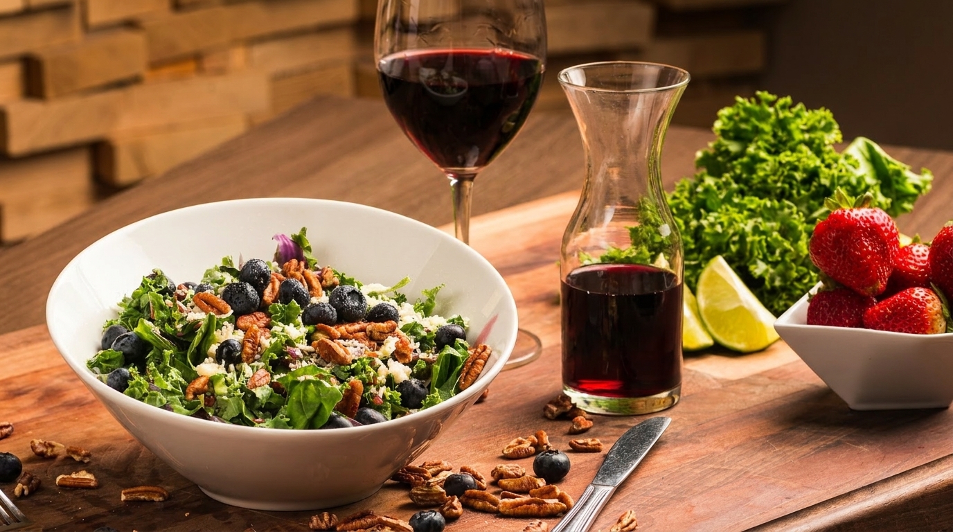 A fresh green salad with blueberries and pecans, red wine, and strawberries on a wooden table.