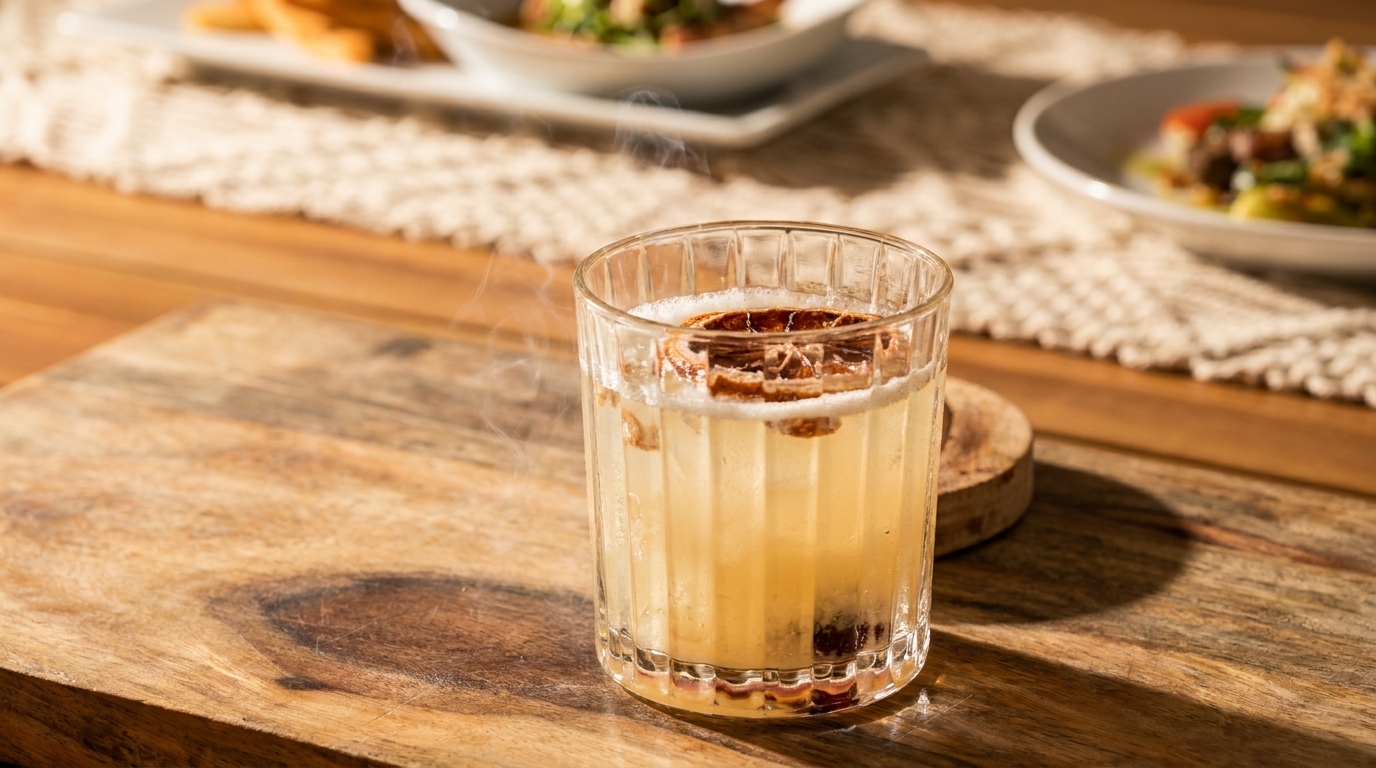 Steaming cocktail with dried orange slices and spices on a wooden board, with food in background.