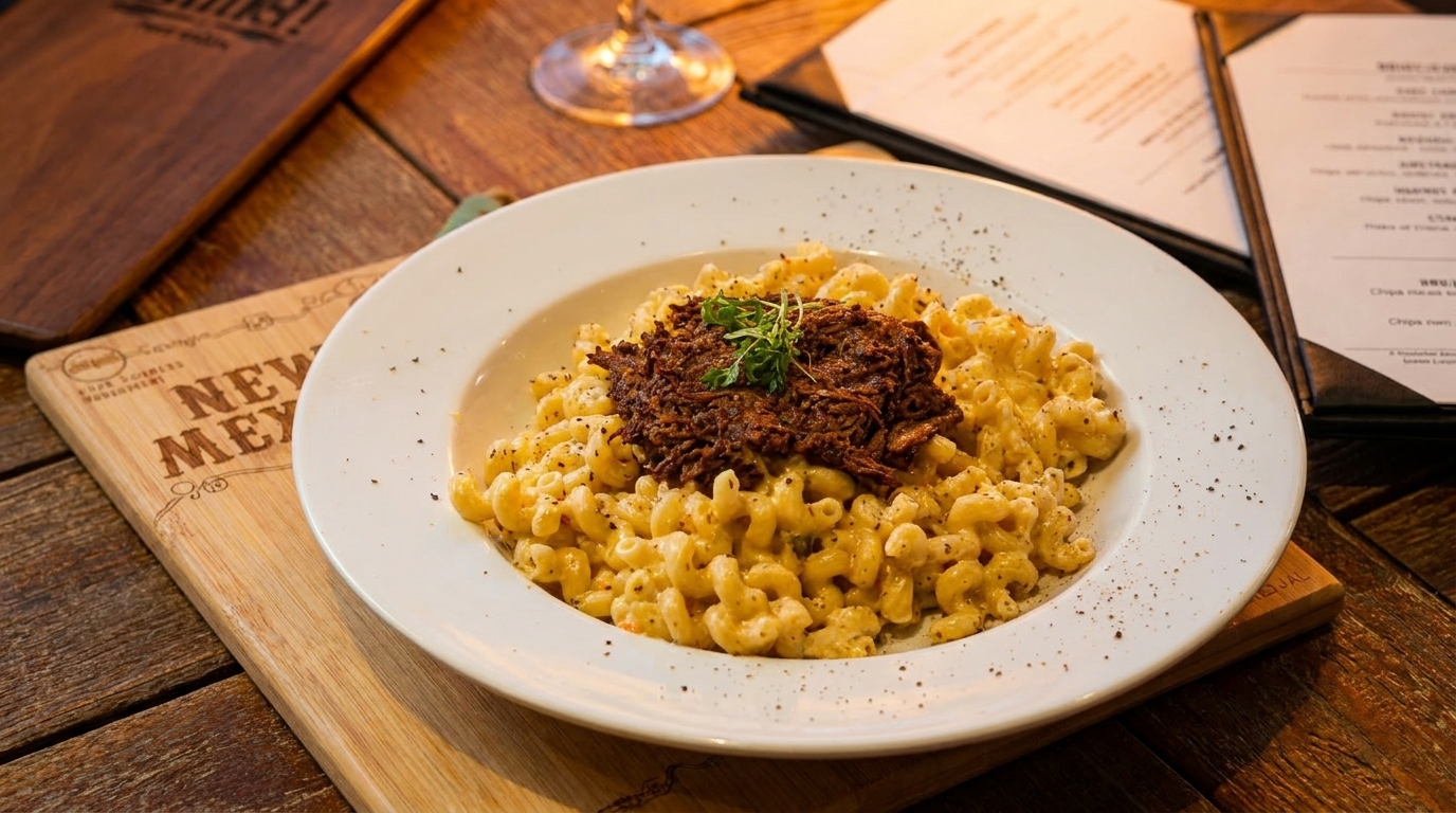 Macaroni and cheese topped with shredded beef and a sprig of herbs on a wooden table.