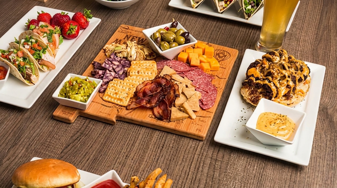 A wooden table laden with tacos, a charcuterie board, a cheesy bread dish, and a burger with fries.