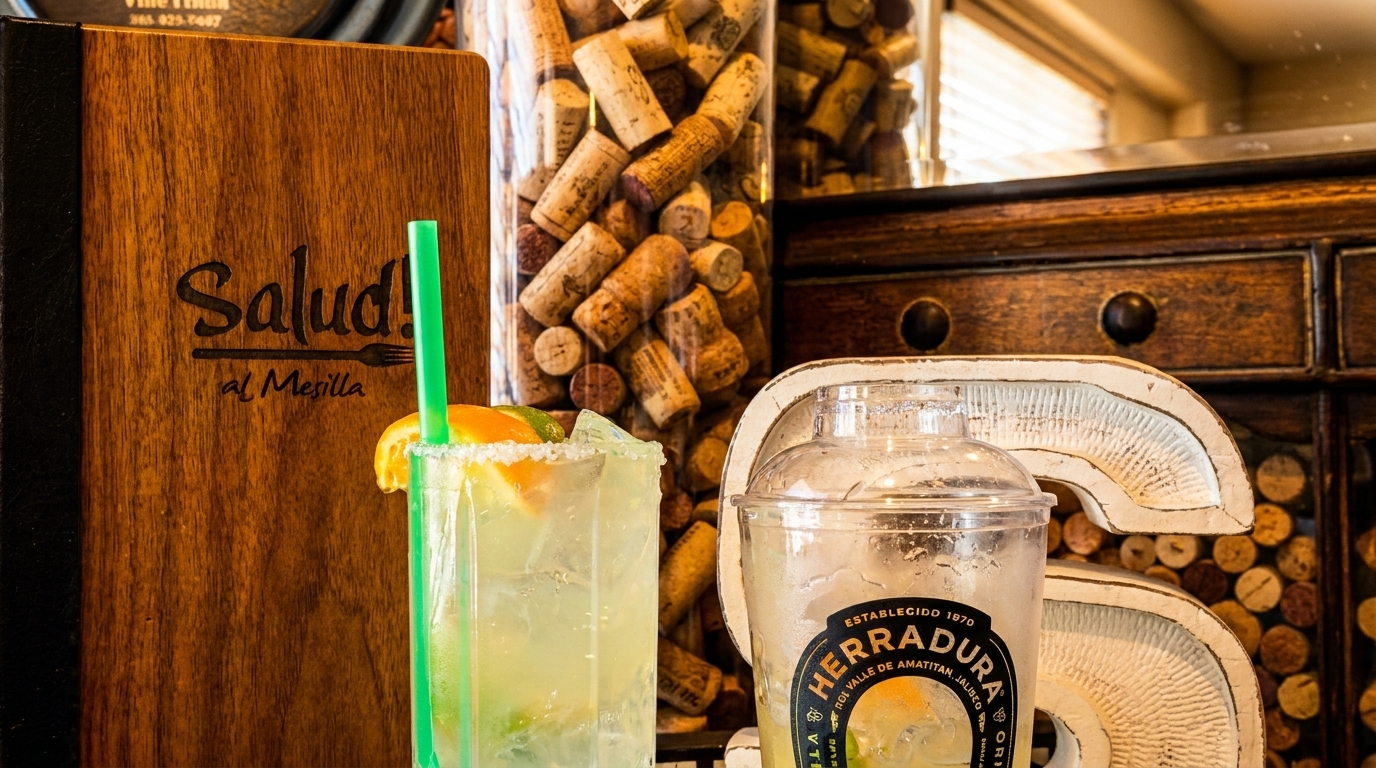 Two cocktails, a wooden menu, and a jar of wine corks on a bar.
