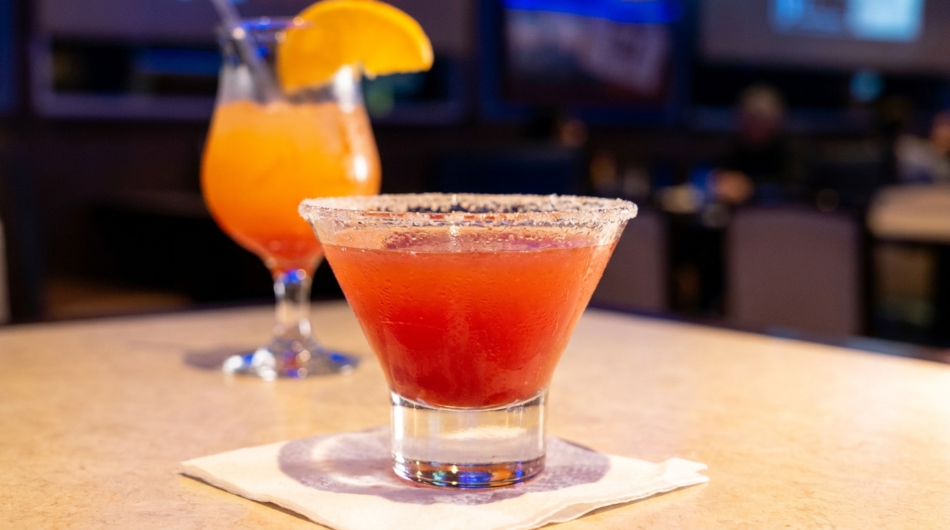 Two cocktails on a bar, one red with a salted rim, and one orange with an orange slice.