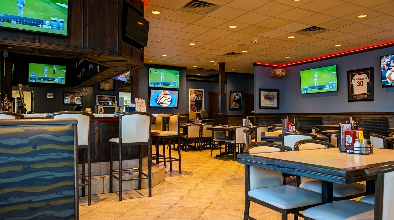 Interior of a sports bar with multiple TVs showing golf, a long bar, and dining tables.