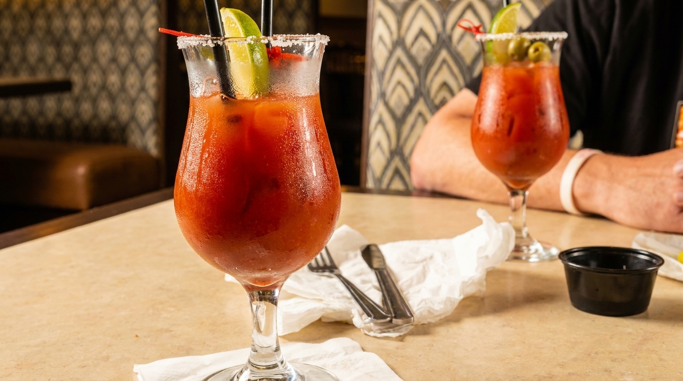 Two Bloody Mary cocktails with lime and olives on a table, with a person in the background.