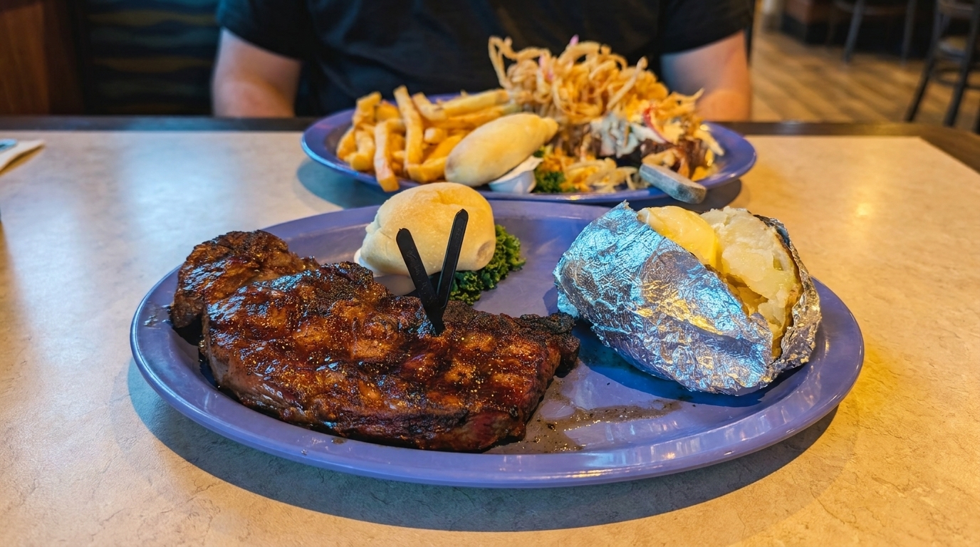 Two plates of food, one with steak and baked potato, the other with fries and onion strings.