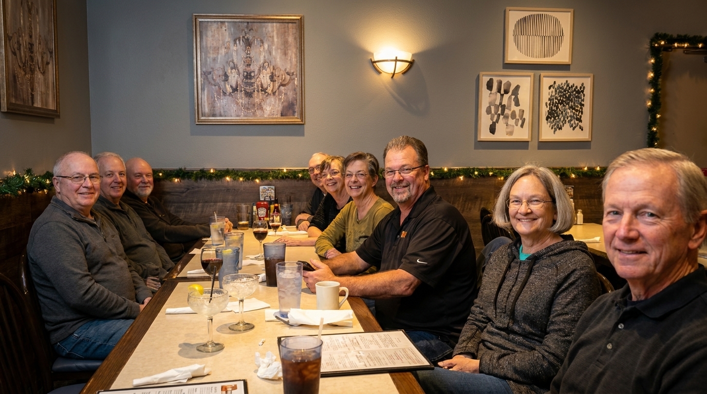 Group of eight smiling people seated at a long table in a restaurant, enjoying drinks.
