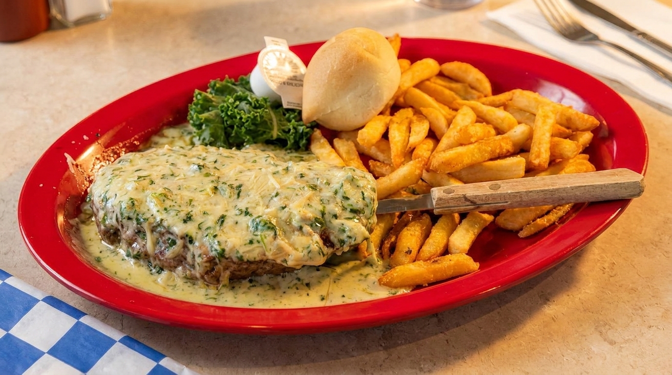 Cheesy hamburger steak with gravy, fries, a dinner roll, and kale on a red platter.
