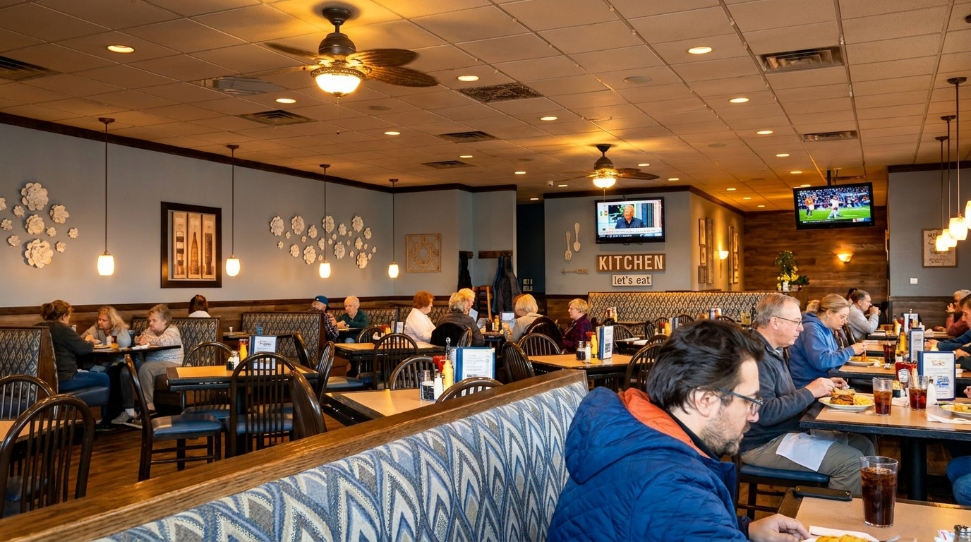 Diners seated at tables and booths in a brightly lit, casual restaurant with TVs and decorative wall art.