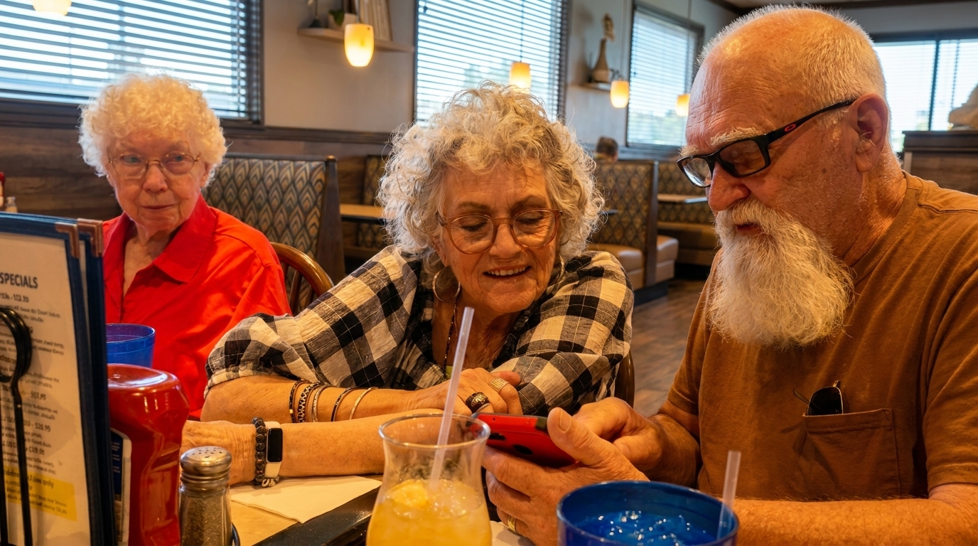 Three older adults at a restaurant table, two looking at a phone, one looking forward.