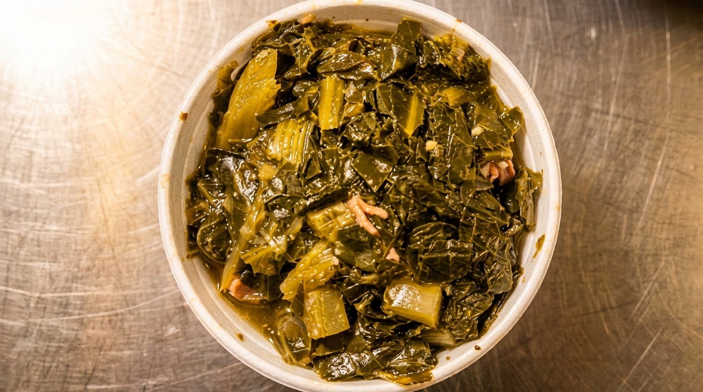 Overhead view of a bowl of dark green collard greens with small pieces of meat.