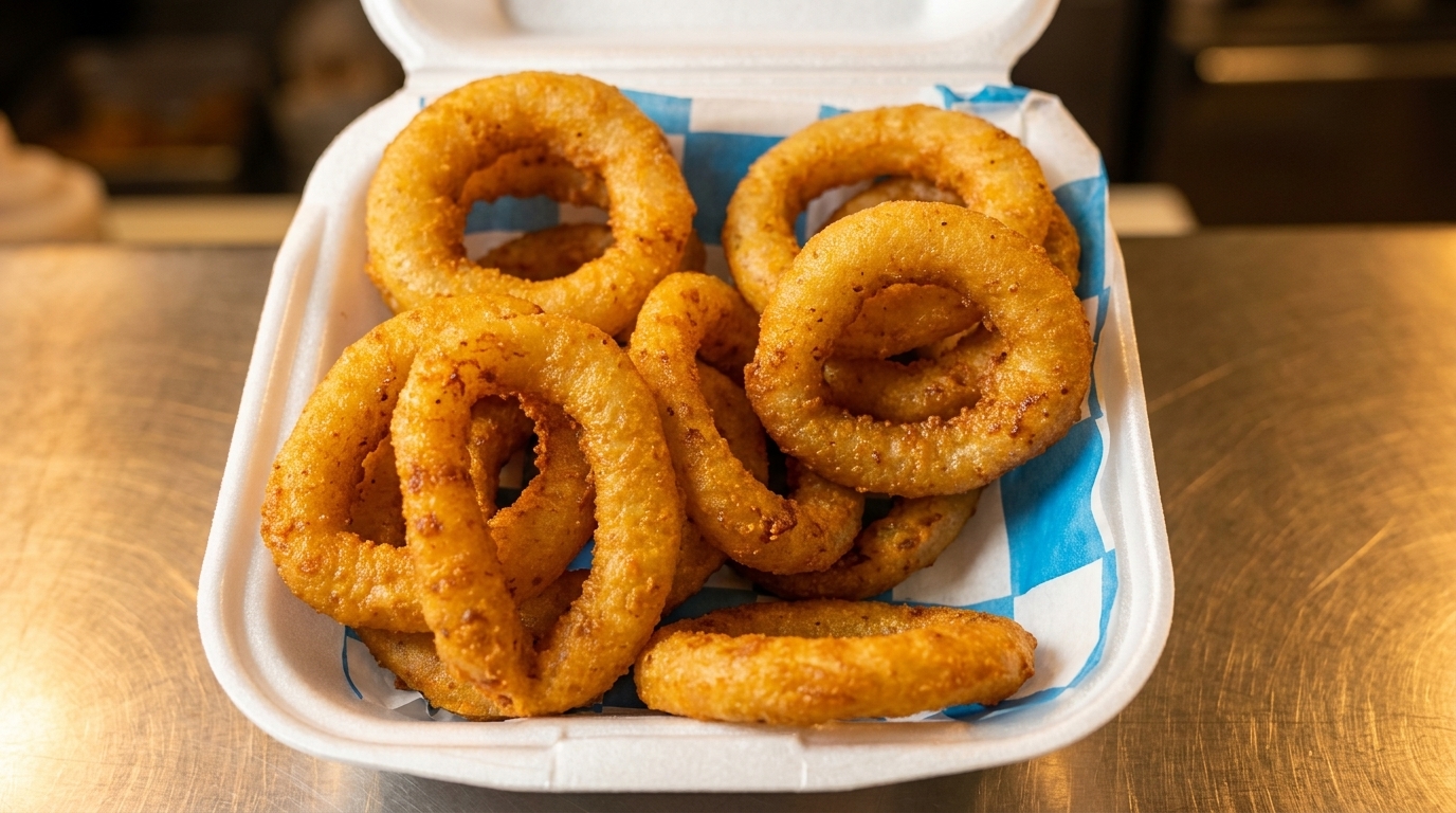 Golden-brown fried onion rings in a white takeout container with blue and white checkered paper.