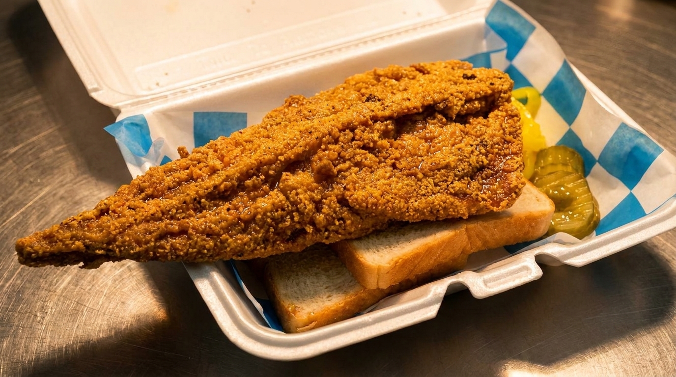 Crispy fried fish fillet on white bread with pickles and peppers in a takeout container.
