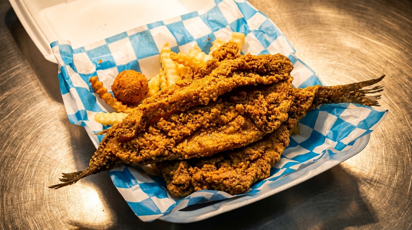 Crispy fried fish, hushpuppies, and crinkle-cut fries in a takeout container with blue and white checkered paper.