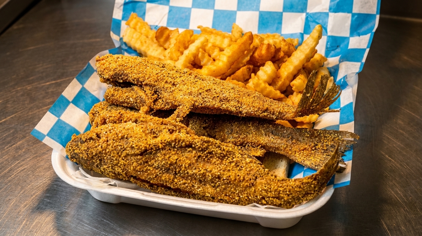 Crispy fried fish and crinkle-cut fries served in a white and blue checkered paper-lined basket.