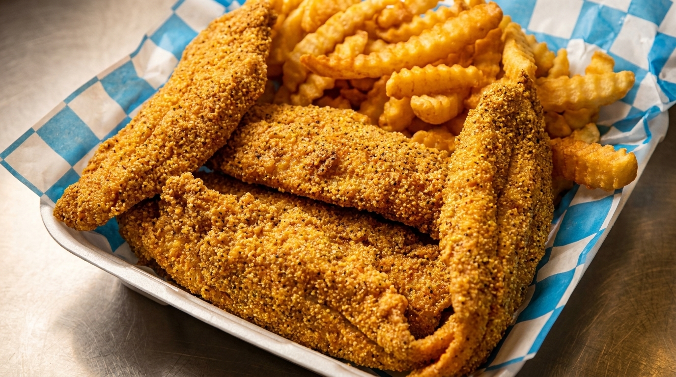 Crispy fried fish fillets and crinkle-cut fries served in a paper-lined basket.