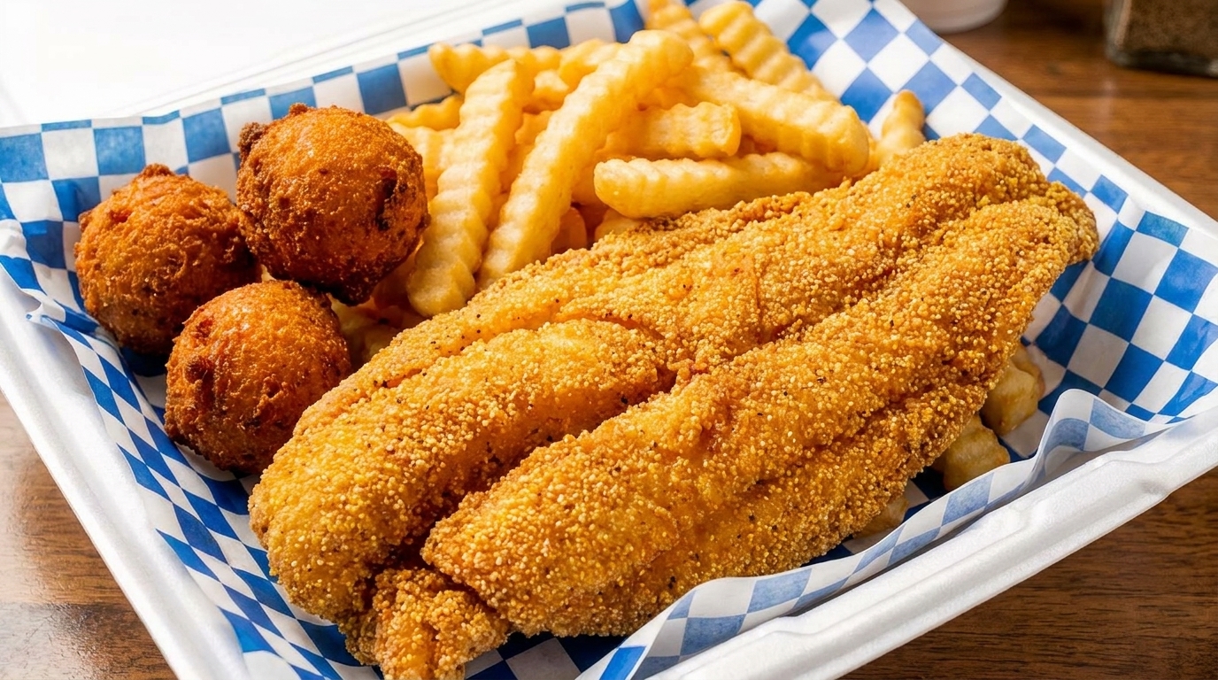 Fried fish fillets, hush puppies, and crinkle-cut fries in a white and blue checkered paper-lined tray.