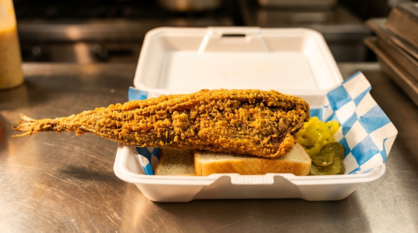 Crispy fried fish, white bread, and pickles in a white takeout container on a metal counter.