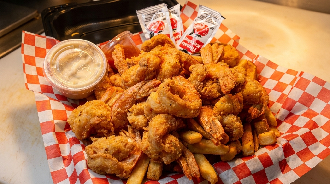 A basket of crispy fried shrimp and french fries with dipping sauces on red and white checkered paper.
