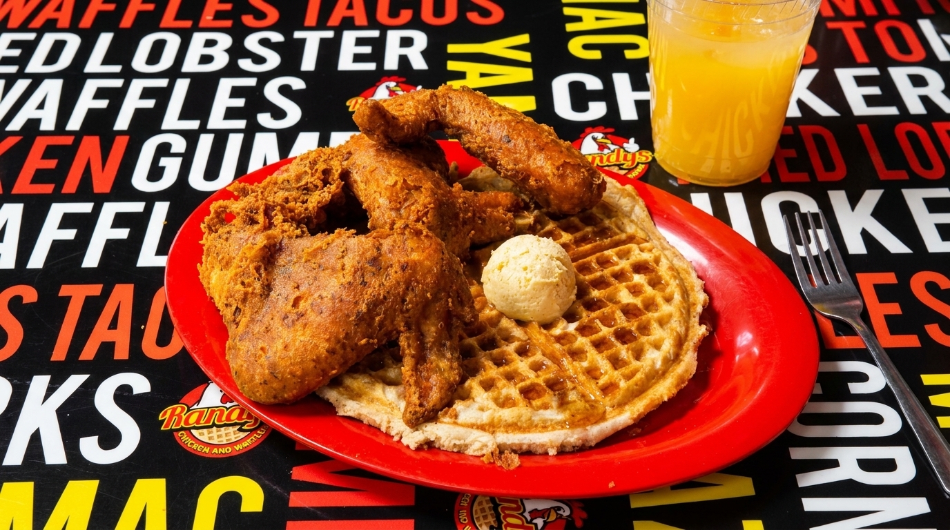 Randy's Chicken and Waffles meal with fried chicken, waffle, butter, and orange juice.