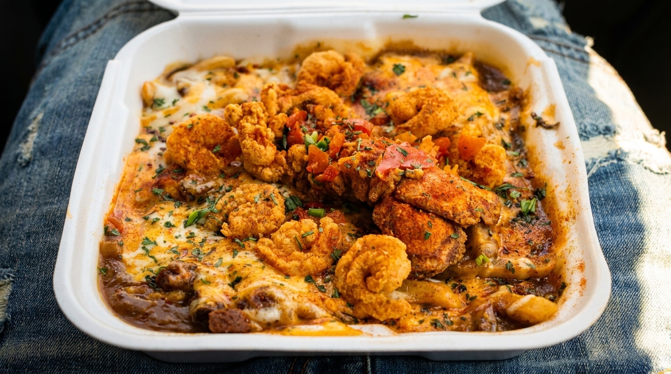 A takeout container filled with cheesy mac and cheese topped with fried shrimp and diced tomatoes.
