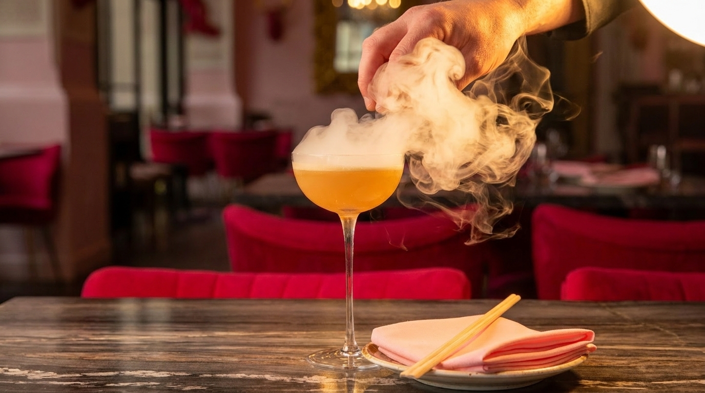 A hand adds smoke to a cocktail in a coupe glass on a table with pink napkins and chopsticks.
