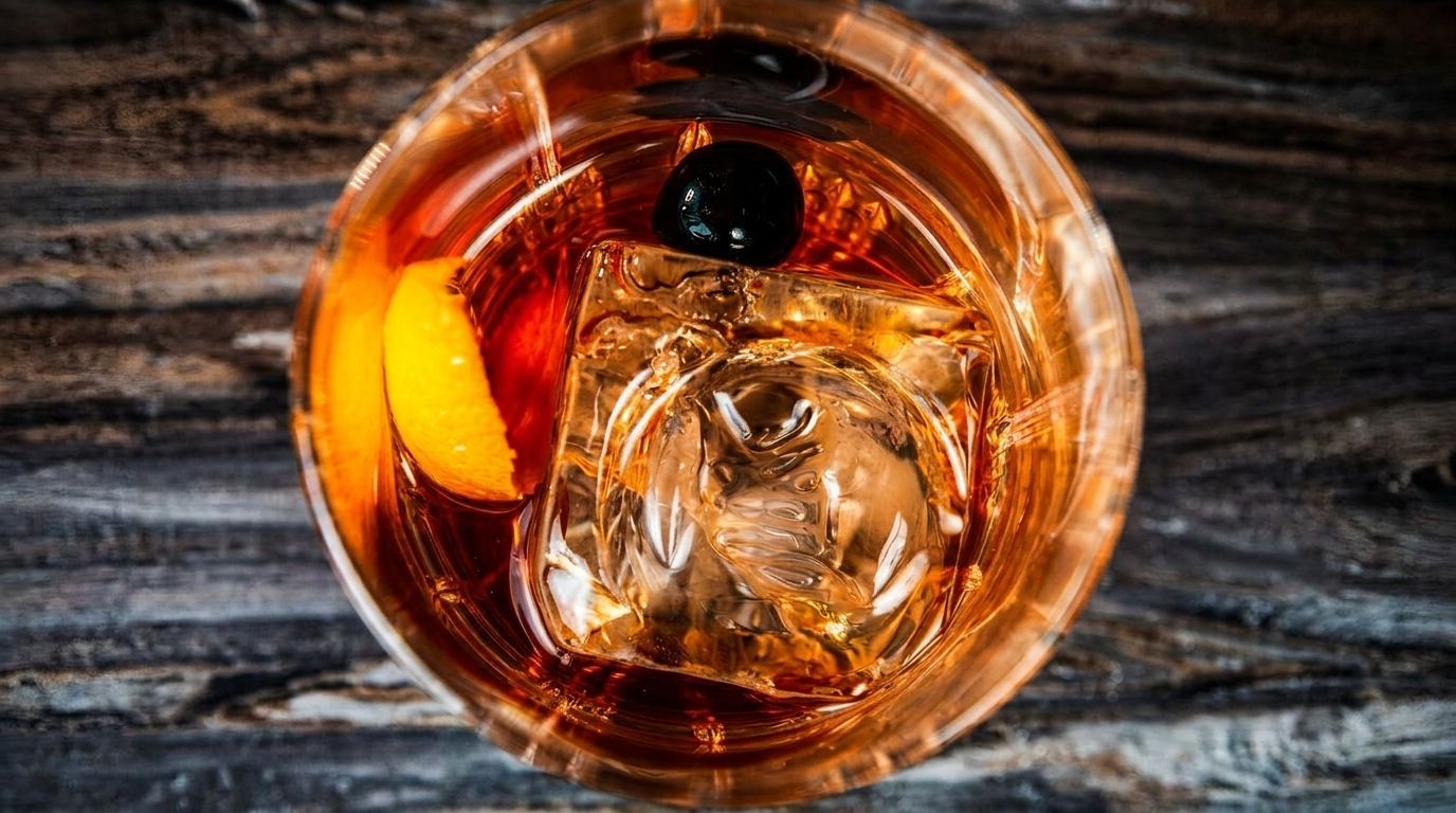 Overhead view of an Old Fashioned cocktail with a cherry, orange peel, and ice.