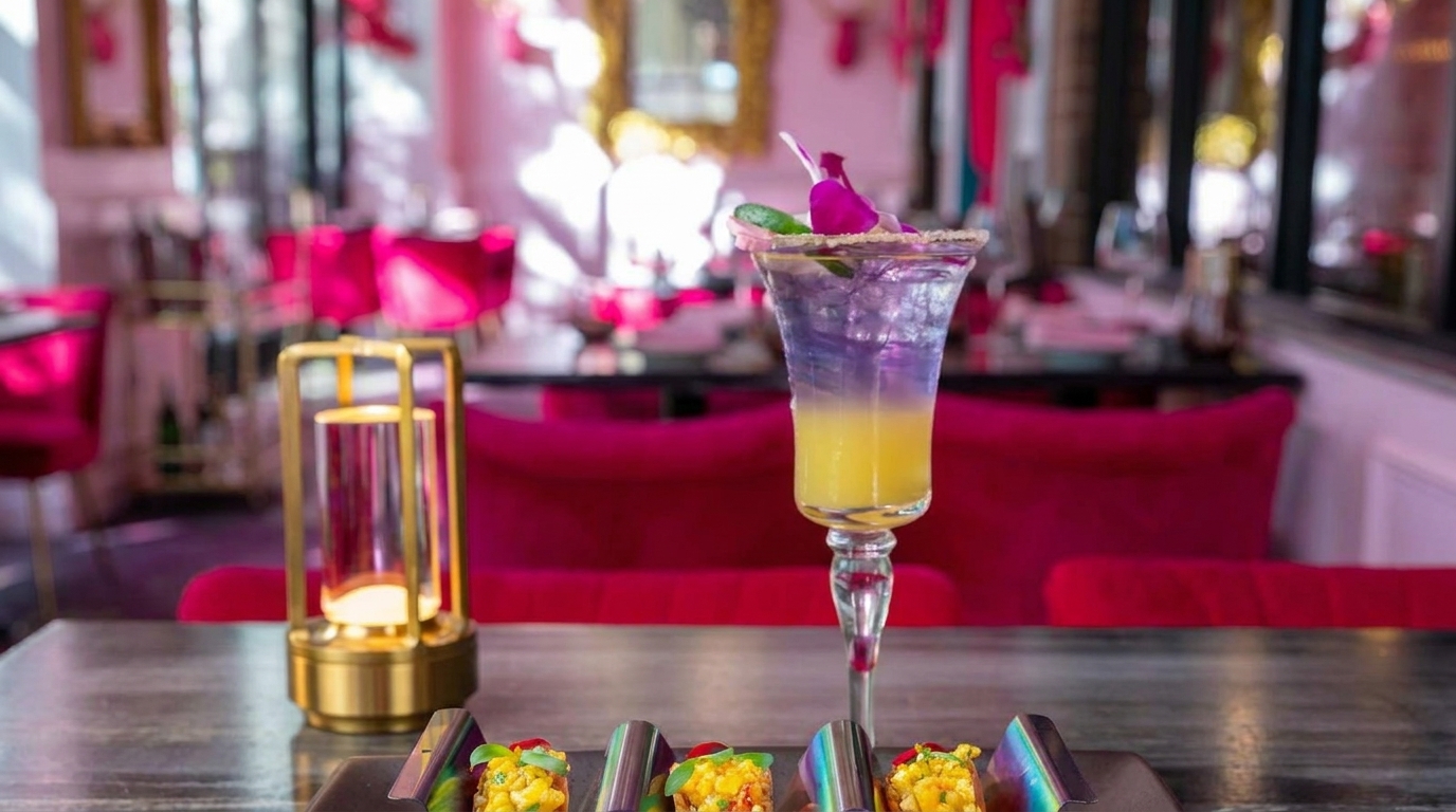 A vibrant purple and yellow cocktail with appetizers and a golden lantern on a table in a pink restaurant.